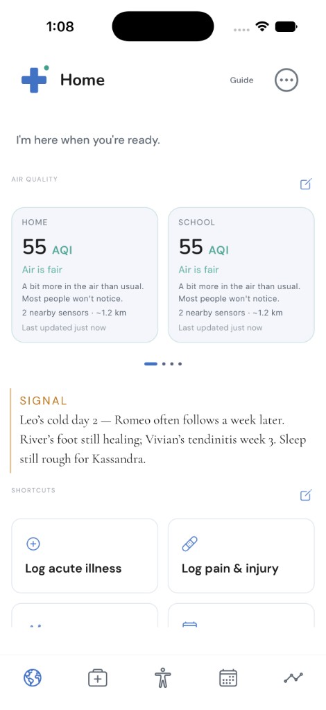 The Acesa Home screen showing family health context, air quality, and a proactive signal